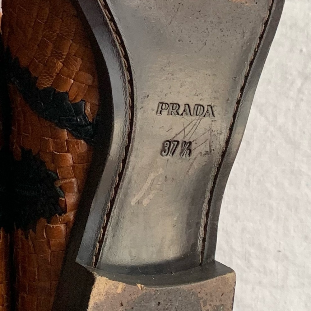 Vintage Prada Woven Leather Riding Knee High Pointy Toe Boots Brown Tan Black - Picture 10 of 10